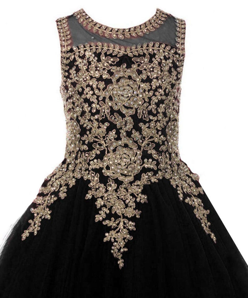WDE Formal Little Girls Long Pageant Dresses Prom Ball Gown Gold Lace Black Tulle Size 6 - Image 2